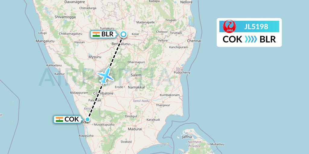JL5198 Japan Airlines Flight Map: Cochin to Bangalore