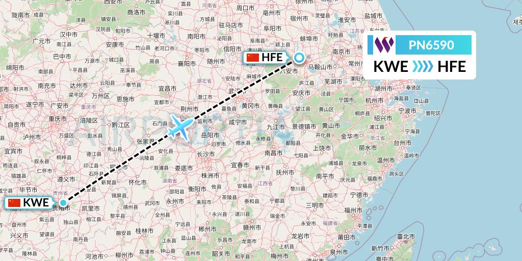 PN6590 China West Air Flight Map: Guiyang to Hefei