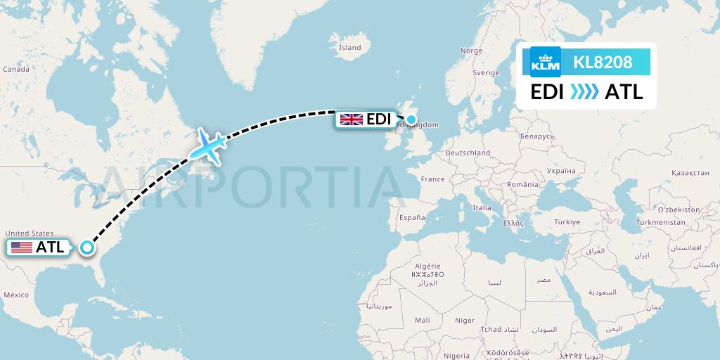 KL8208 KLM Flight Map: Edinburgh to Atlanta