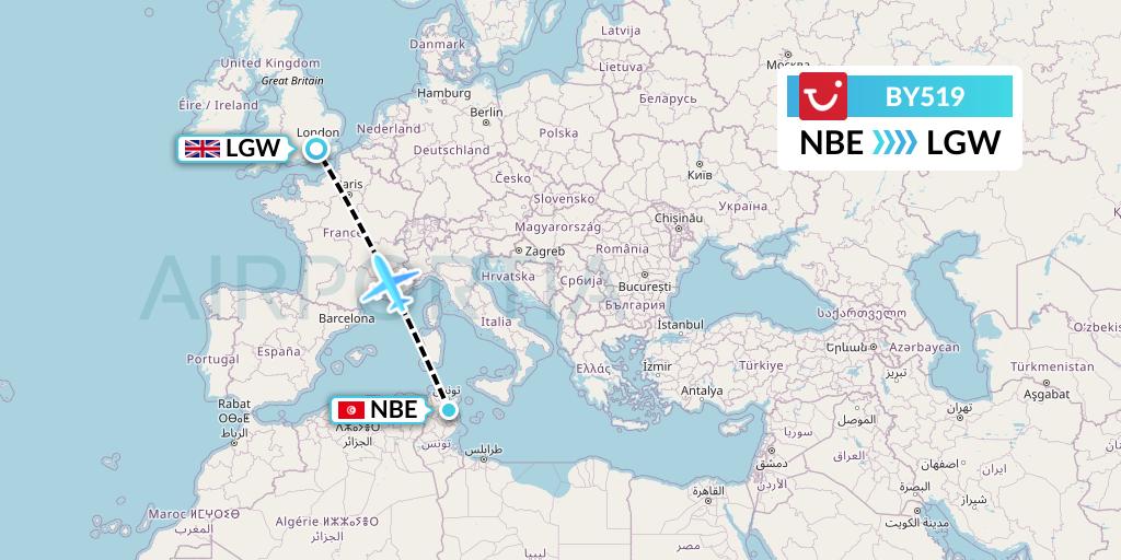 BY519 TUI Airways Flight Map: Enfidha to London