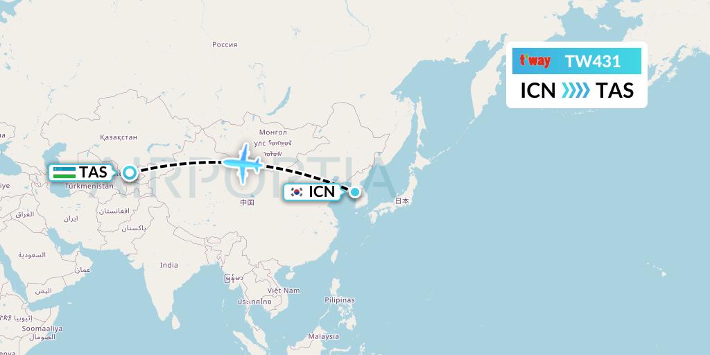 TW431 T'way Air Flight Map: Seoul to Tashkent
