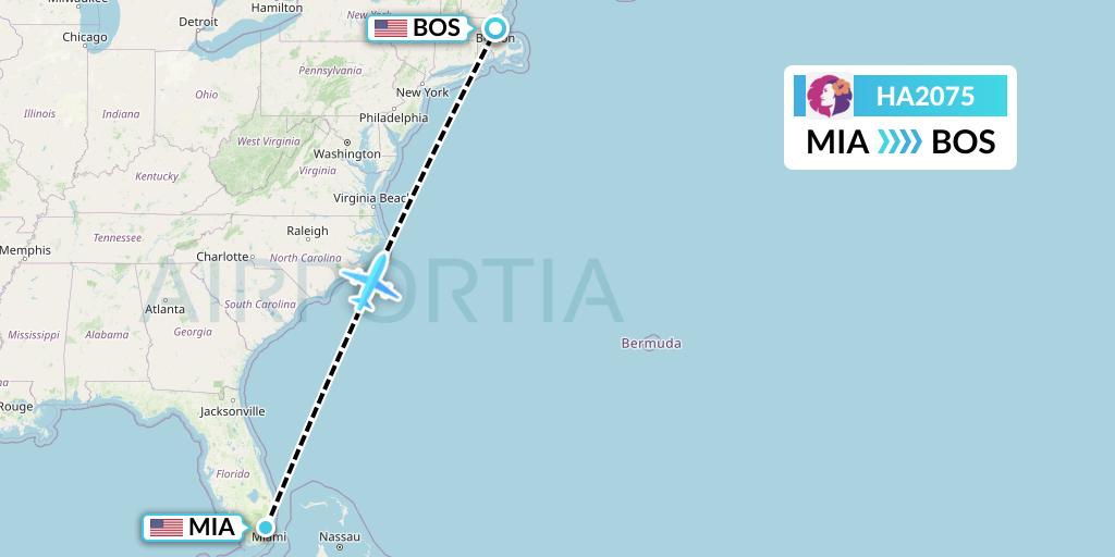 HA2075 Hawaiian Airlines Flight Map: Miami to Boston