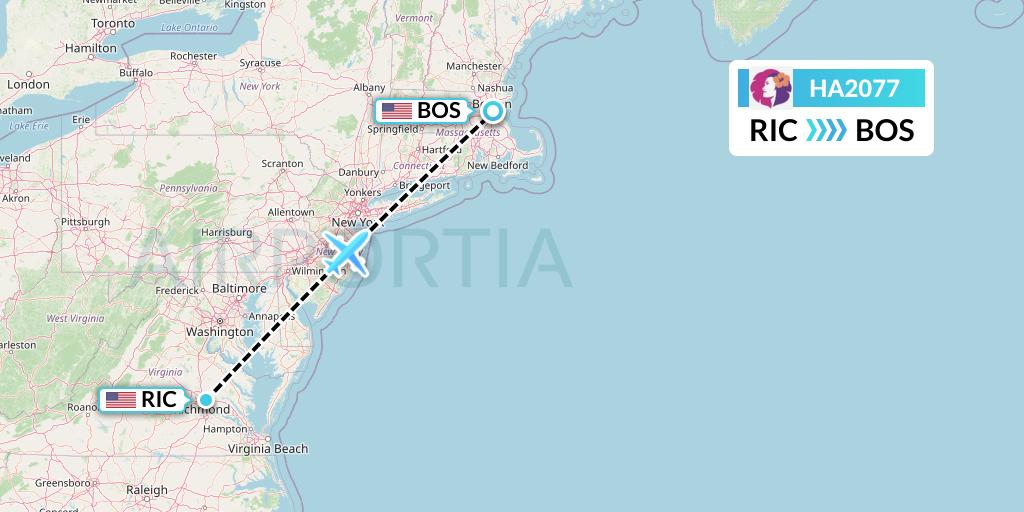 HA2077 Hawaiian Airlines Flight Map: Richmond to Boston