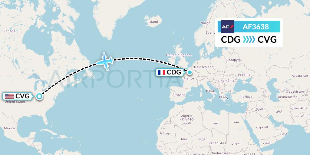 AF3638 Air France Flight Map: Paris to Cincinnati