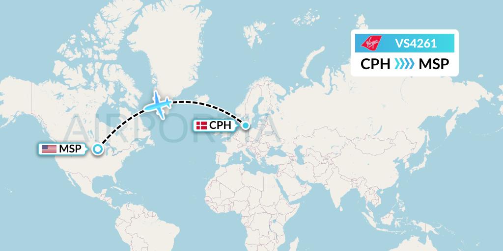 VS4261 Virgin Atlantic Airways Flight Map: Copenhagen to Minneapolis