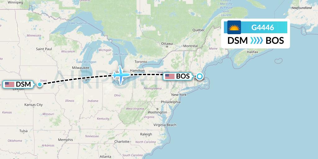 G4446 Allegiant Air Flight Map: Des Moines to Boston