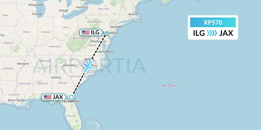 XP570 Avelo Airlines Flight Map: Wilmington to Jacksonville