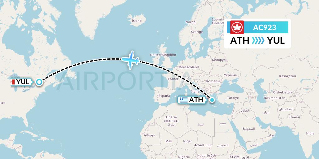 AC923 Air Canada Flight Map: Athens to Montreal
