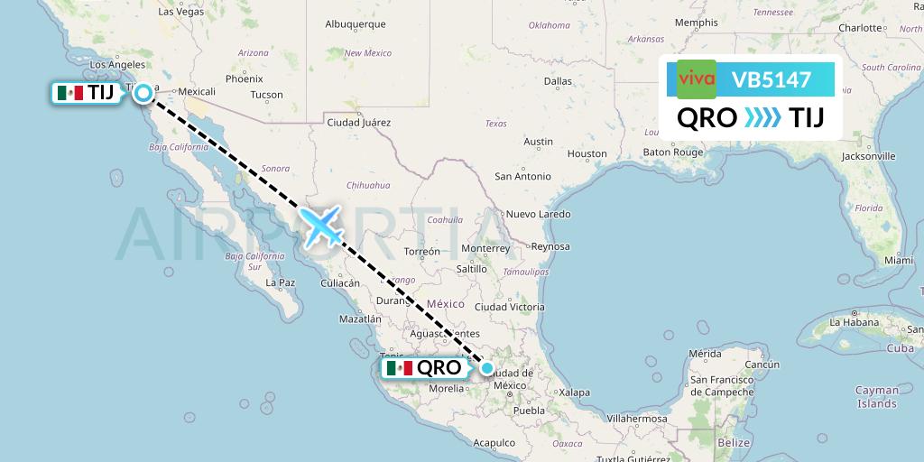 VB5147 VivaAerobus Flight Map: Queretaro to Tijuana