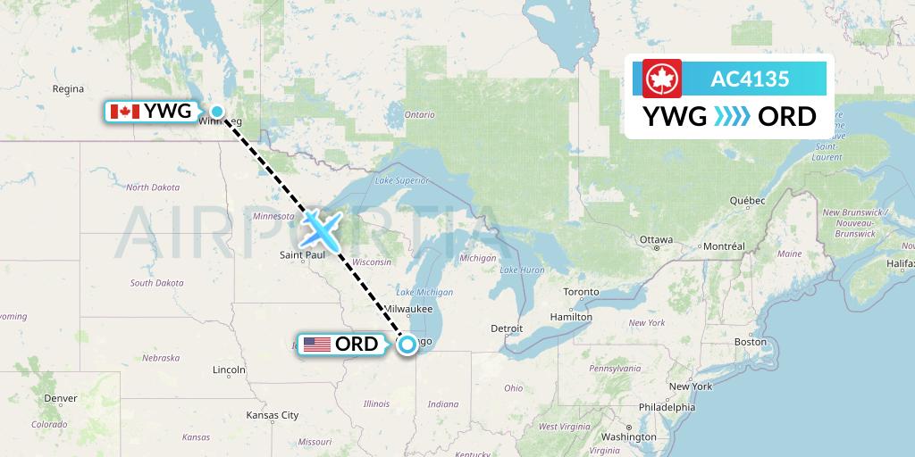 AC4135 Air Canada Flight Map: Winnipeg to Chicago