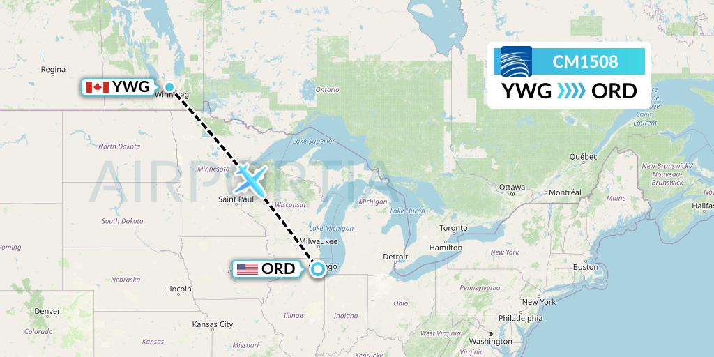 CM1508 Copa Airlines Flight Map: Winnipeg to Chicago