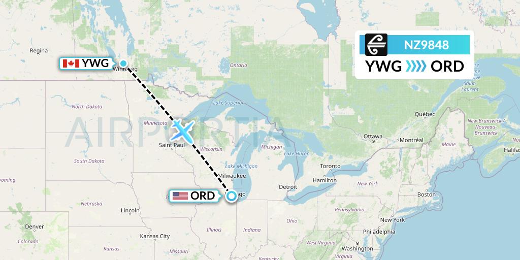 NZ9848 Air New Zealand Flight Map: Winnipeg to Chicago