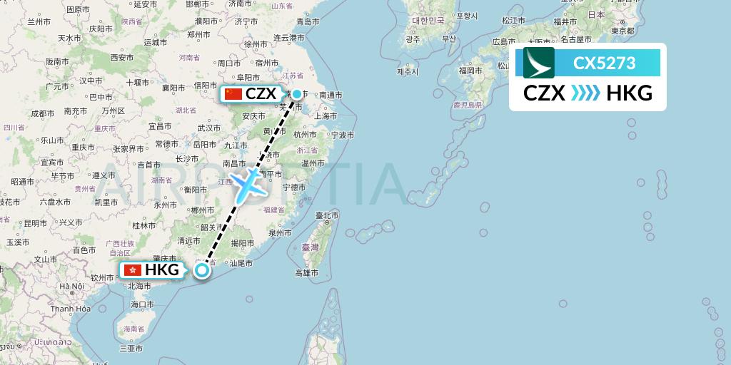 CX5273 Cathay Pacific Flight Map: Changzhou to Hong Kong