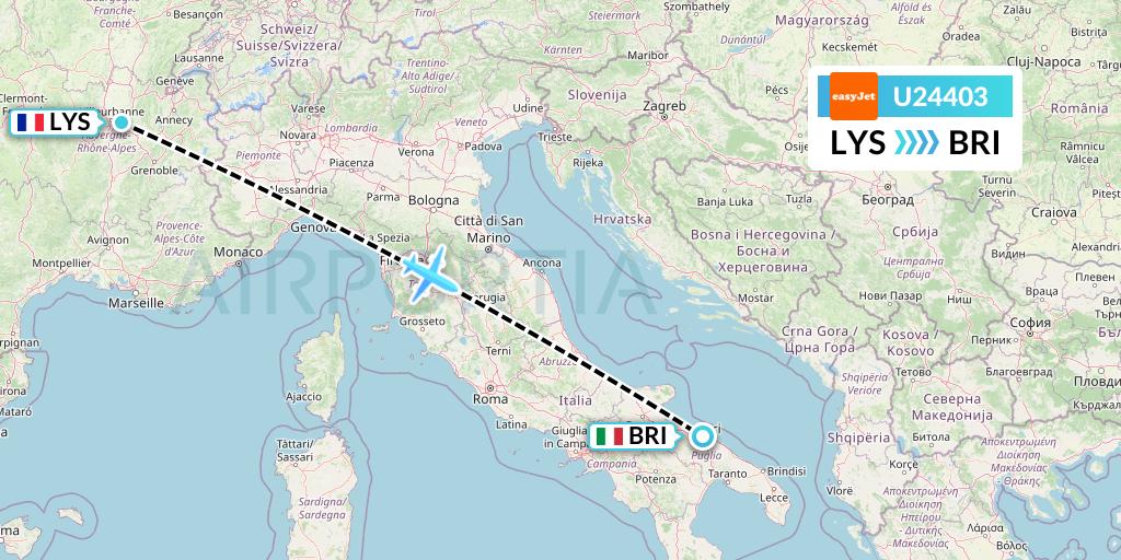 U24403 EasyJet Flight Map: Lyon to Bari