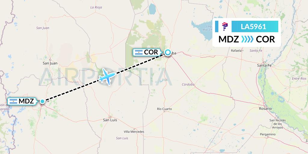 LA5961 LAN Airlines Flight Map: Mendoza to Cordoba