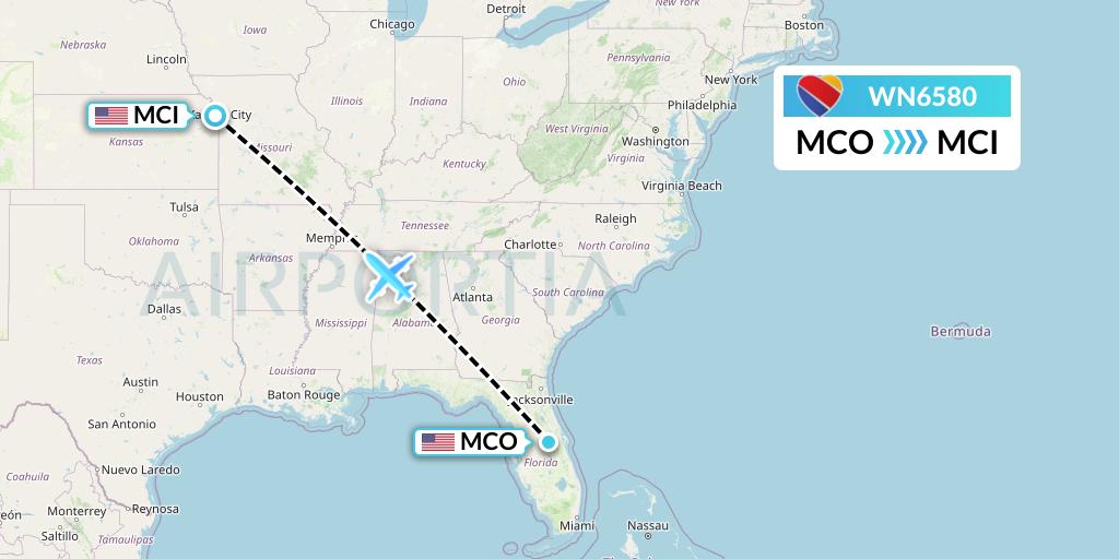 WN6580 Southwest Airlines Flight Map: Orlando to Kansas City