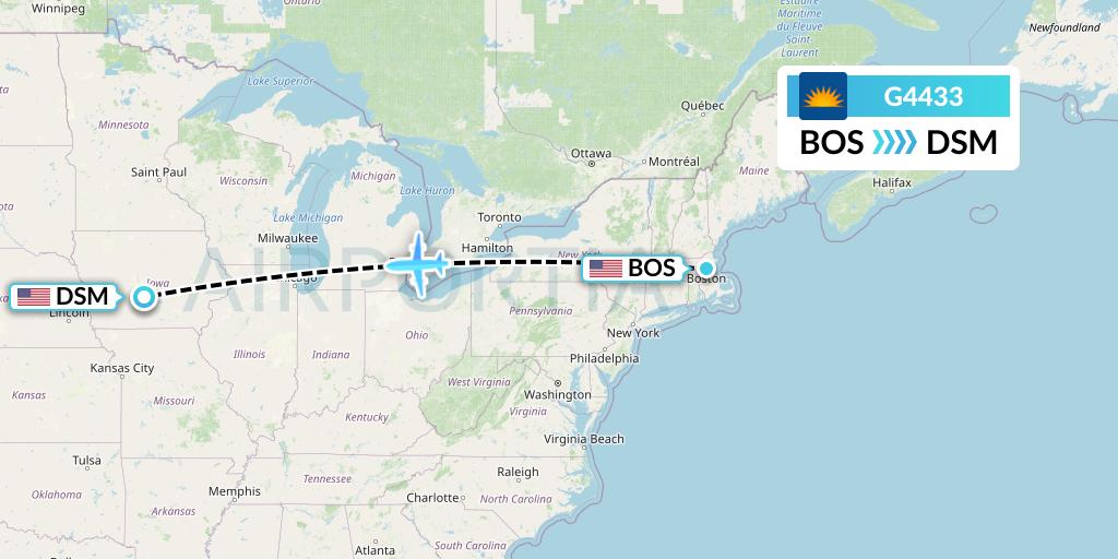 G4433 Allegiant Air Flight Map: Boston to Des Moines