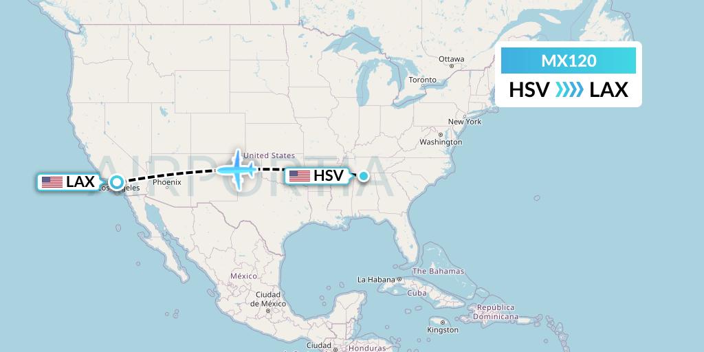 MX120 Breeze Airways Flight Map: Huntsville to Los Angeles