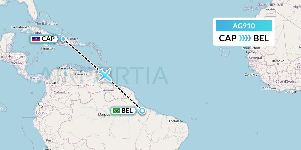 AG910 Aruba Airlines Flight Map: Cap-Haitien to Belem