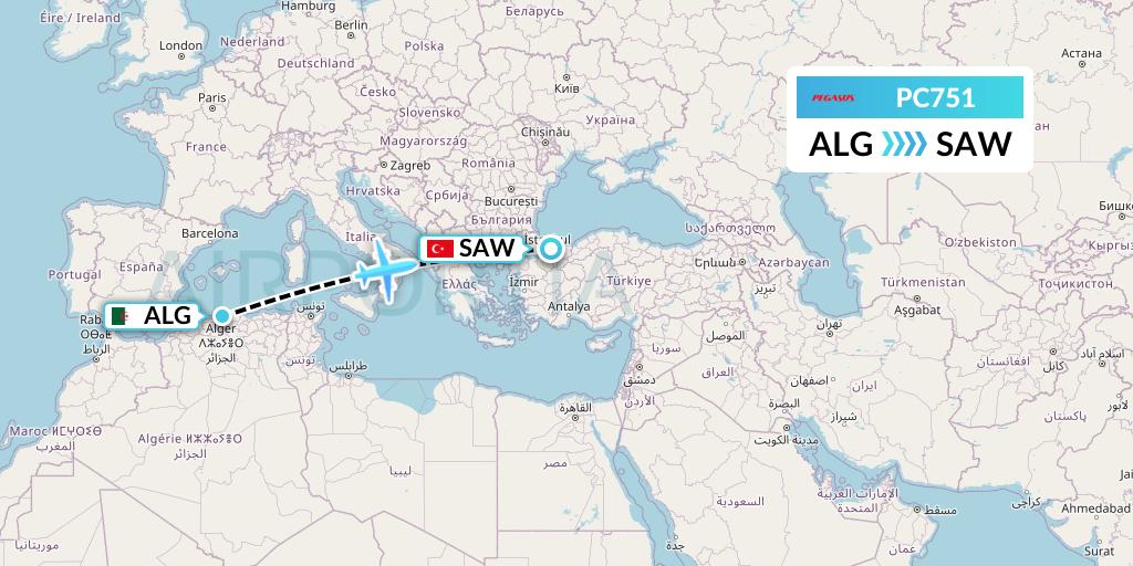 PC751 Pegasus Airlines Flight Map: Algiers to Istanbul