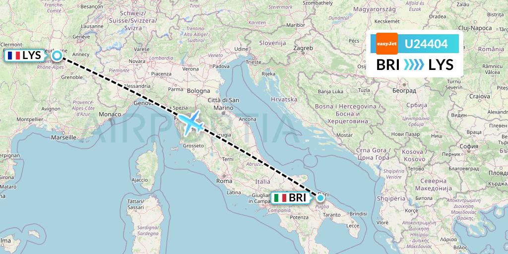 U24404 EasyJet Flight Map: Bari to Lyon