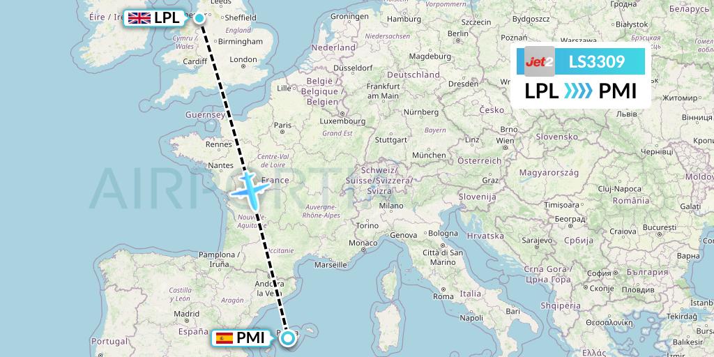 LS3309 Jet2 Flight Map: Liverpool to Palma de Mallorca