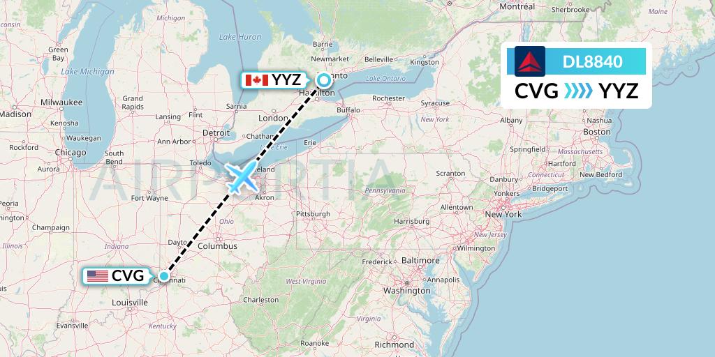 DL8840 Delta Air Lines Flight Map: Cincinnati to Toronto