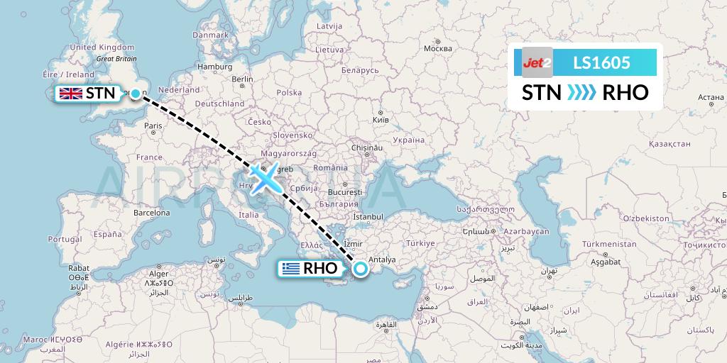 LS1605 Jet2 Flight Map: London to Rhodes