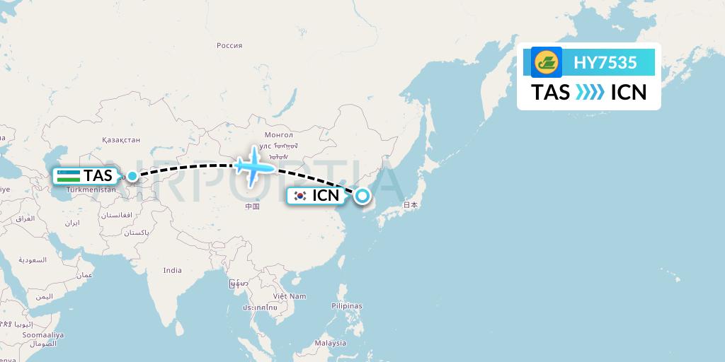 HY7535 Uzbekistan Airways Flight Map: Tashkent to Seoul