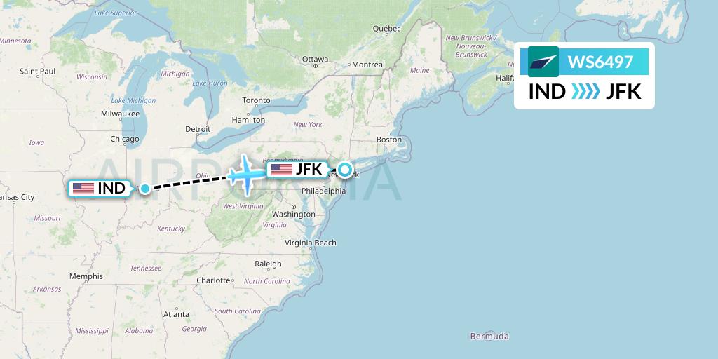 WS6497 WestJet Flight Map: Indianapolis to New York