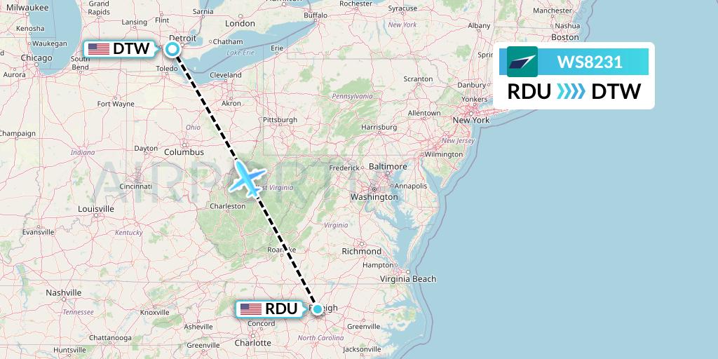WS8231 WestJet Flight Map: Raleigh-Durham to Detroit