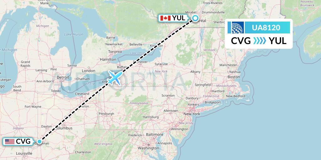 UA8120 United Airlines Flight Map: Cincinnati to Montreal