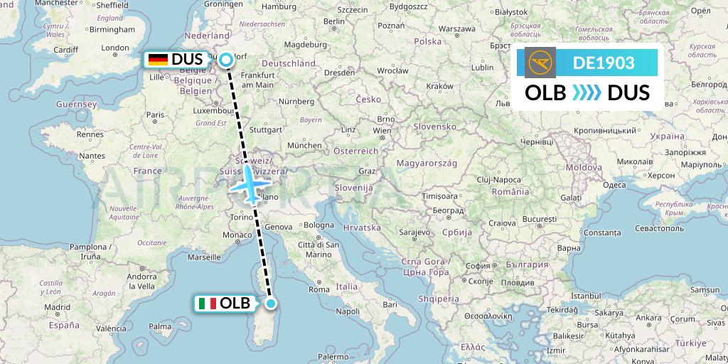 DE1903 Condor Flight Map: Olbia to Dusseldorf