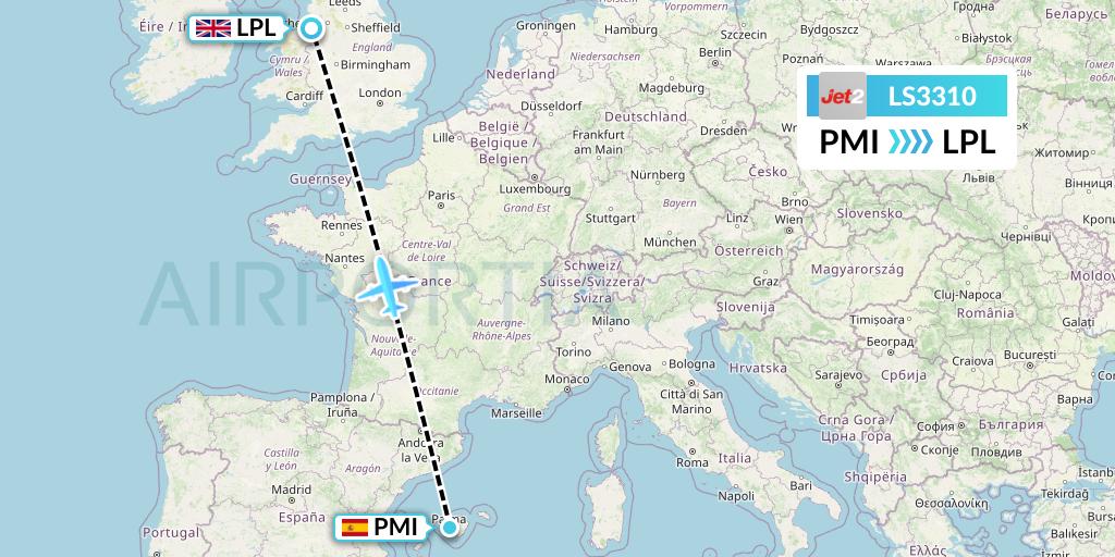 LS3310 Jet2 Flight Map: Palma de Mallorca to Liverpool