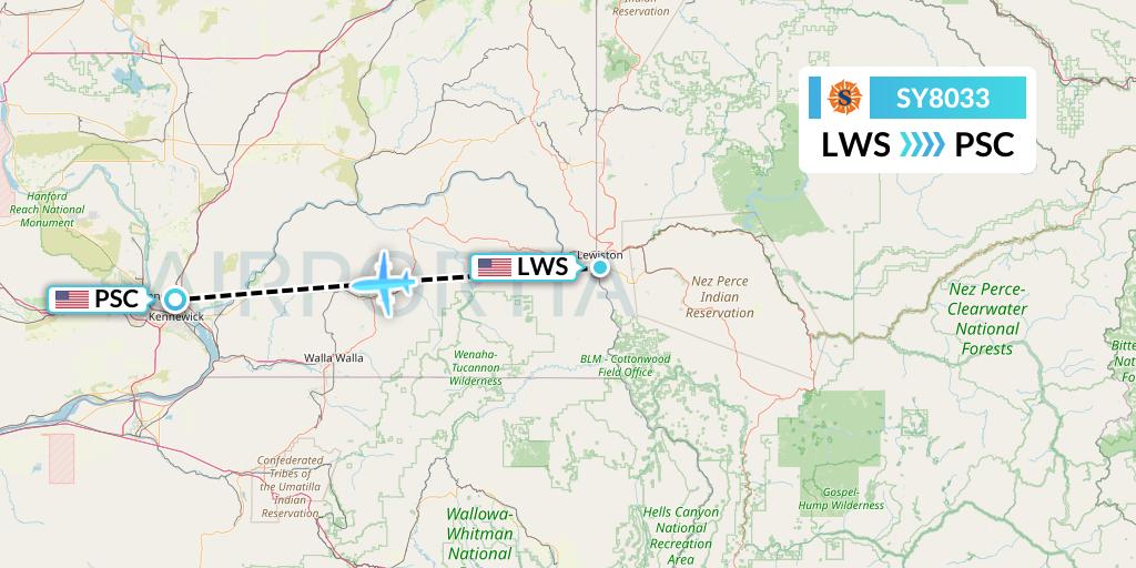 SY8033 Sun Country Airlines Flight Map: Lewiston to Pasco