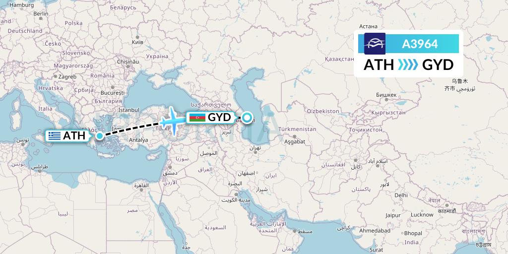 A3964 Aegean Airlines Flight Map: Athens to Baku