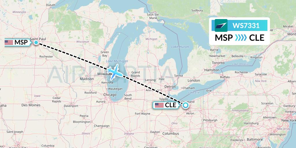 WS7331 WestJet Flight Map: Minneapolis to Cleveland
