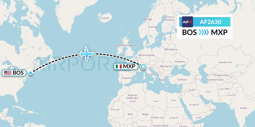 AF2630 Air France Flight Map: Boston to Milan