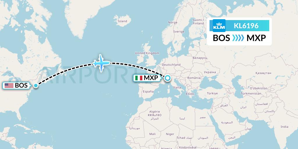 KL6196 KLM Flight Map: Boston to Milan