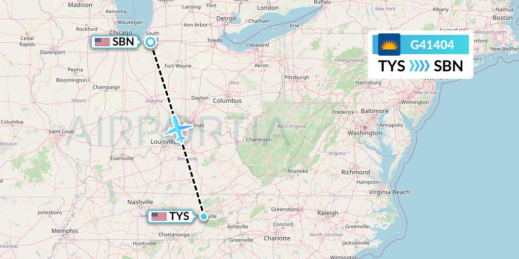 G41404 Allegiant Air Flight Map: Knoxville to South Bend
