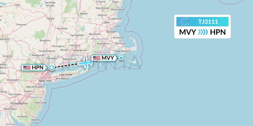 TJ3111 Tradewind Aviation Flight Map: Martha's Vineyard to White Plains