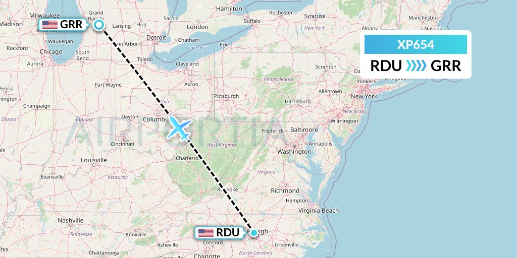 XP654 Avelo Airlines Flight Map: Raleigh-Durham to Grand Rapids