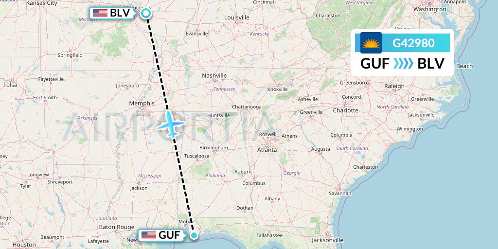 G42980 Allegiant Air Flight Map: Gulf Shores to Belleville