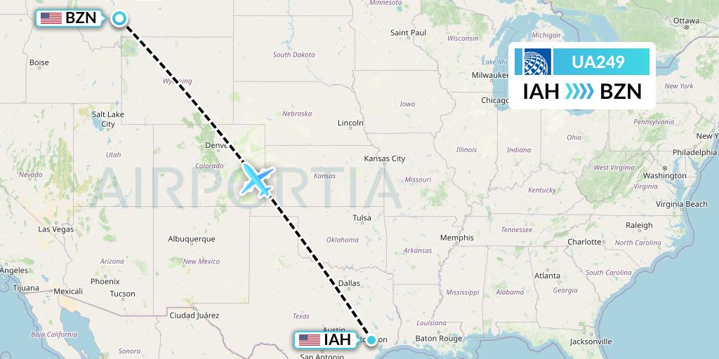 UA249 United Airlines Flight Map: Houston to Bozeman