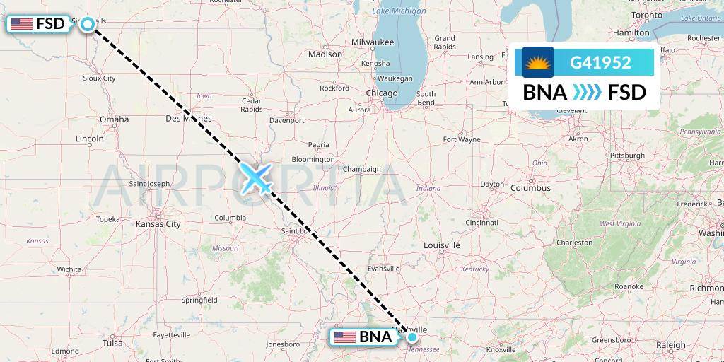 G41952 Allegiant Air Flight Map: Nashville to Sioux Falls