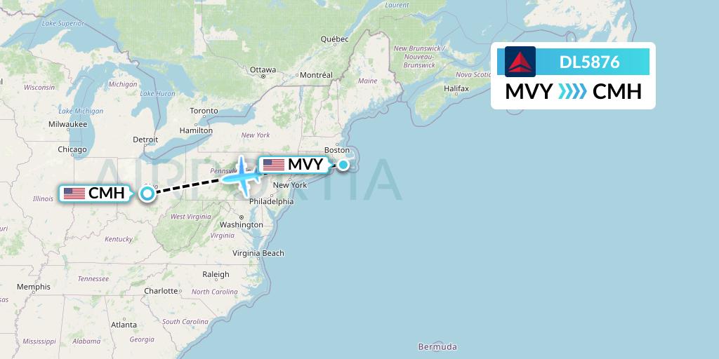 DL5876 Delta Air Lines Flight Map: Martha's Vineyard to Columbus