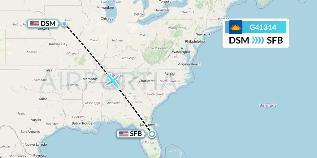 G41314 Allegiant Air Flight Map: Des Moines to Orlando