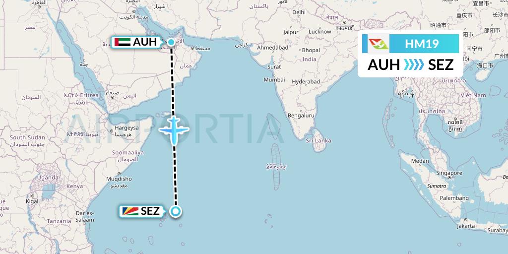 HM19 Air Seychelles Flight Map: Abu Dhabi to Victoria