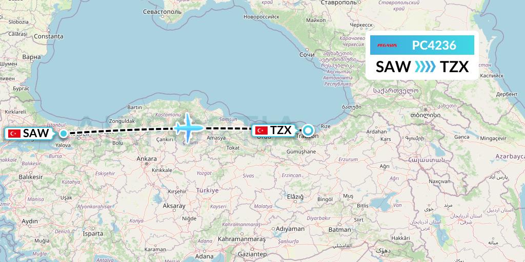 PC4236 Pegasus Airlines Flight Map: Istanbul to Trabzon