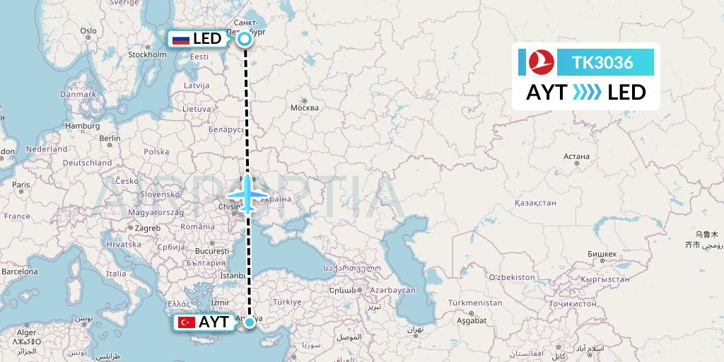 TK3036 Turkish Airlines Flight Map: Antalya to St. Petersburg